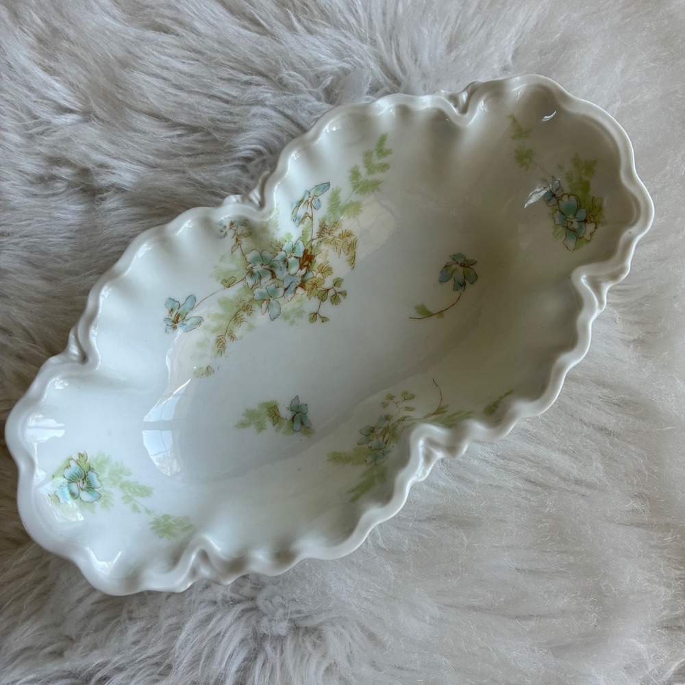 Antique Haviland Limoges France Blue Floral Gold Scalloped Serving Dish 7.5"